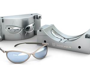 Sunglasses mold made with Uddeholm steel and a pair of sunglasses.